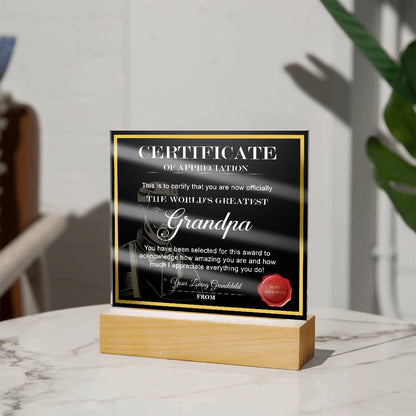 Certificate of Appreciation - The World's Greatest Grandpa Acrylic Plaque