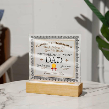 Father's Day Gift Certificate of Achievement for The World's Greatest Dad Personalized Acrylic Plaque