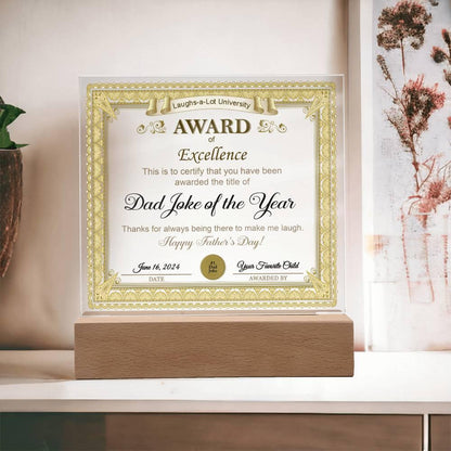 Gift for Dad Award of Excellence for Dad Joke of the Year Personalized Acrylic Plaque