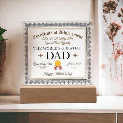 Father's Day Gift Certificate of Achievement for The World's Greatest Dad Personalized Acrylic Plaque