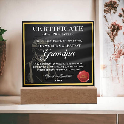 Certificate of Appreciation - The World's Greatest Grandpa Acrylic Plaque