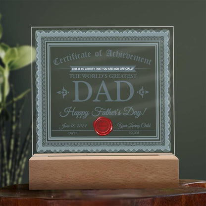 Dad Certificate of Achievement The World's Greatest Dad Happy Father's Day Personalized Acrylic Plaque