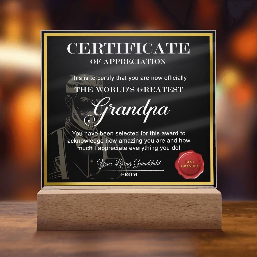 Certificate of Appreciation - The World's Greatest Grandpa Acrylic Plaque