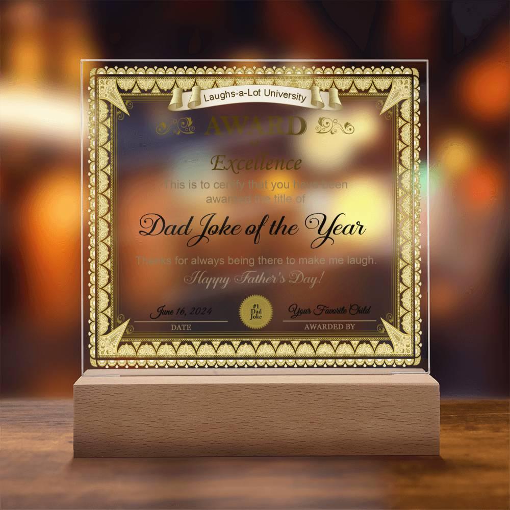 Gift for Dad Award of Excellence for Dad Joke of the Year Personalized Acrylic Plaque