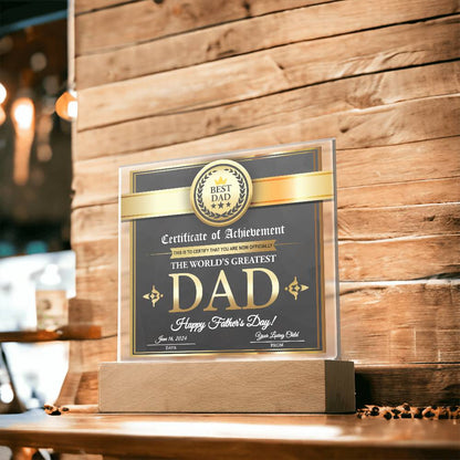 Certificate of Achievement for the World's Greatest Dad Personalized Acrylic Plaque