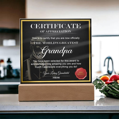 Certificate of Appreciation - The World's Greatest Grandpa Acrylic Plaque