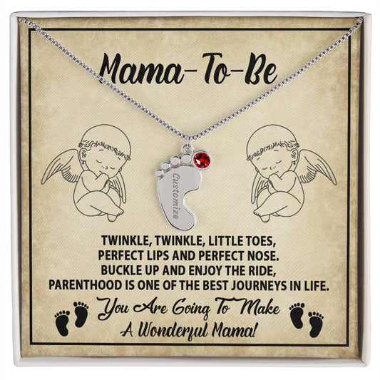 Gift for Mama-to-be Adorable Engraved Name Baby Feet Necklace with Birthstone