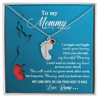 New Mom Gift Not Long Now Until You Can Hold Me Close Baby Feet Engraved Name Charm Necklace with Birthstone