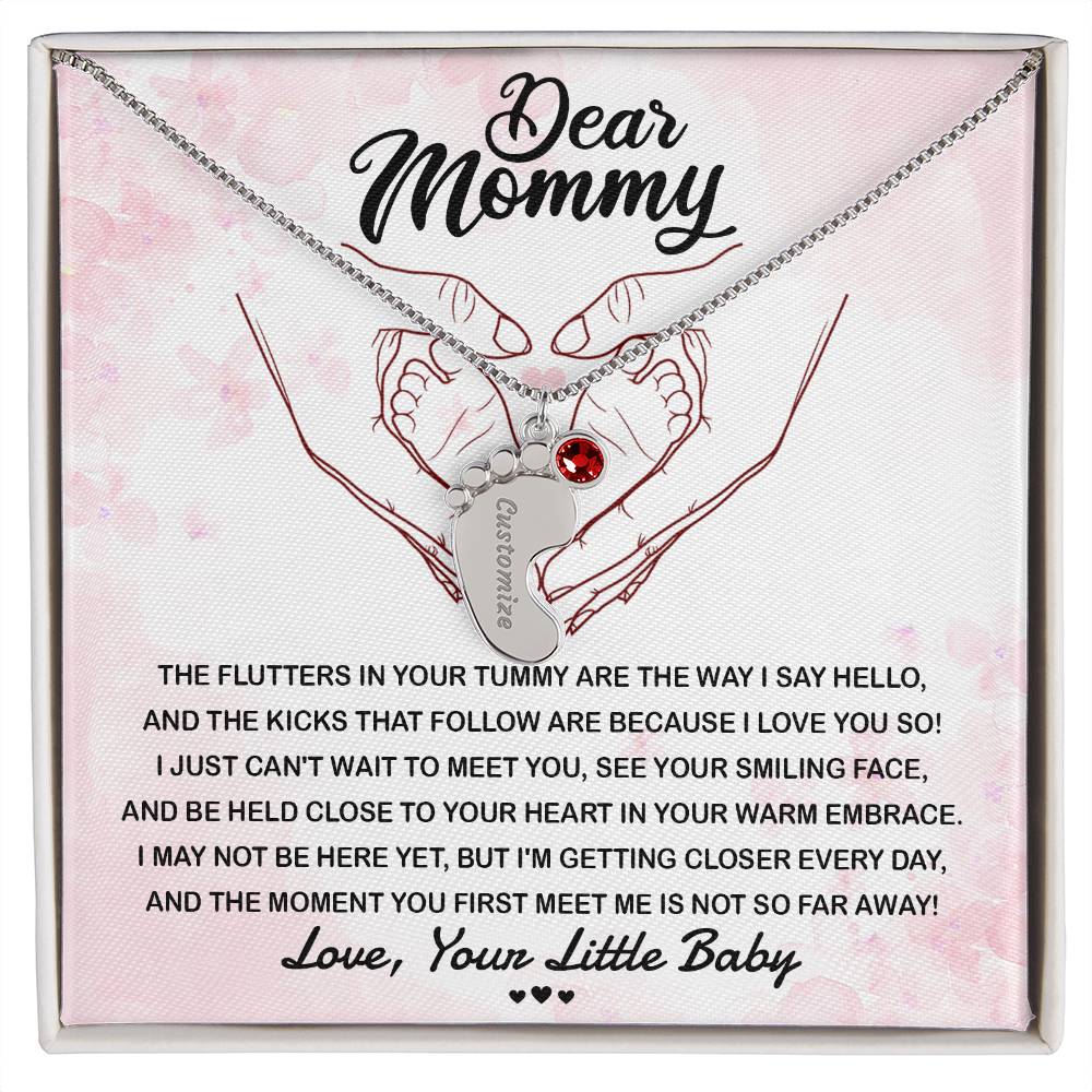 Dear Mommy I Can't Wait to Meet You Pregnancy Gift Engraved Name Baby Feet Pendant Necklace with Birthstone