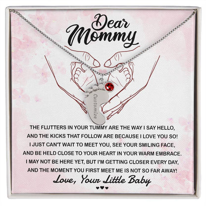 Dear Mommy I Can't Wait to Meet You Pregnancy Gift Engraved Name Baby Feet Pendant Necklace with Birthstone