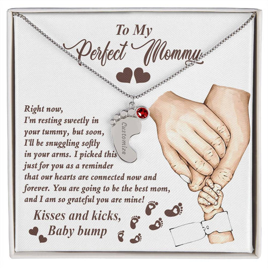 Gift for New Mom Kisses and Kicks from Baby Bump Engraved Name Baby Feet Pendant Necklace with Birthstone