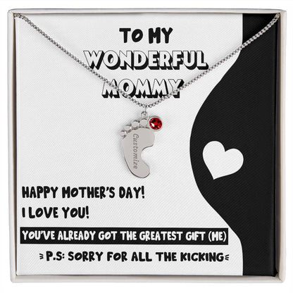 Mother's Day Gift for New Mom - Sorry for All the Kicking Baby Feet Engraved Name Charm Necklace with Birthstone