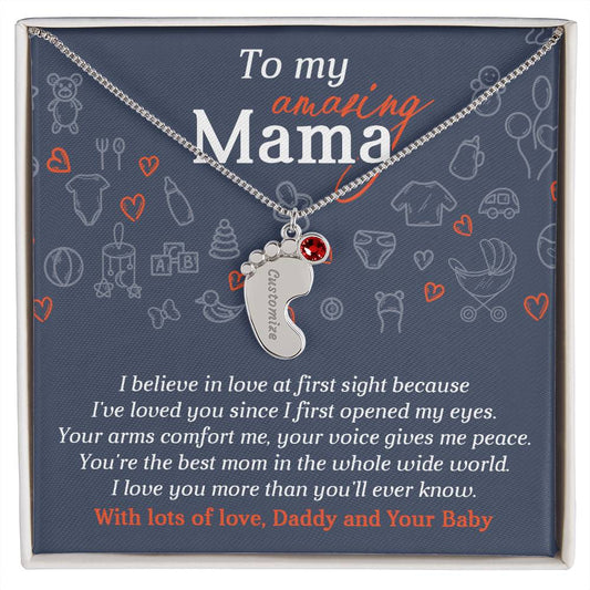 To My Amazing Mama I Believe in Love at First Sight Engraved Name Baby Feet Pendant Necklace with Birthstone