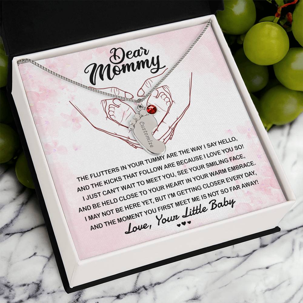 Dear Mommy I Can't Wait to Meet You Pregnancy Gift Engraved Name Baby Feet Pendant Necklace with Birthstone