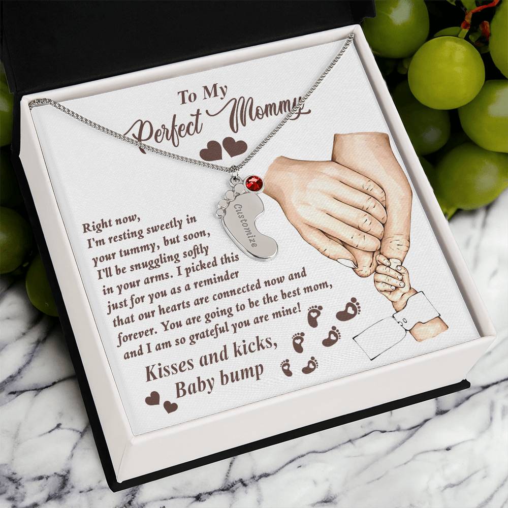 Gift for New Mom Kisses and Kicks from Baby Bump Engraved Name Baby Feet Pendant Necklace with Birthstone