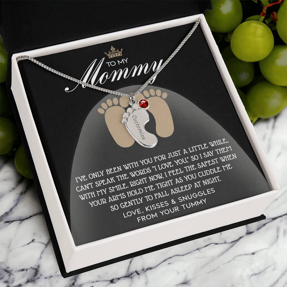 Gift for New Mom Engraved Name Baby Feet Pendant Necklace with Birthstone - I Love You with My Smile