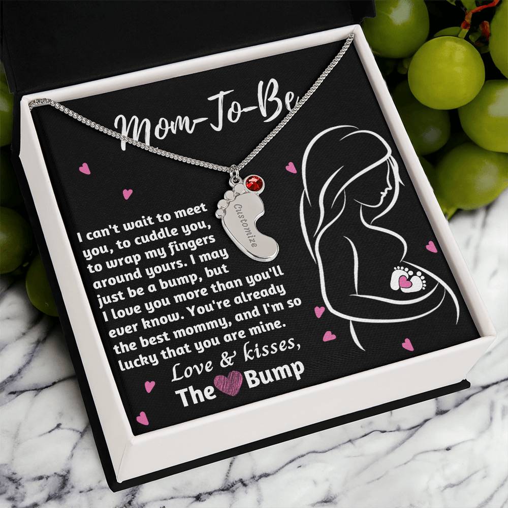 Mom-To-Be Love and Kisses From the Bump Engraved Name Baby Feet Pendant Necklace with Birthstone