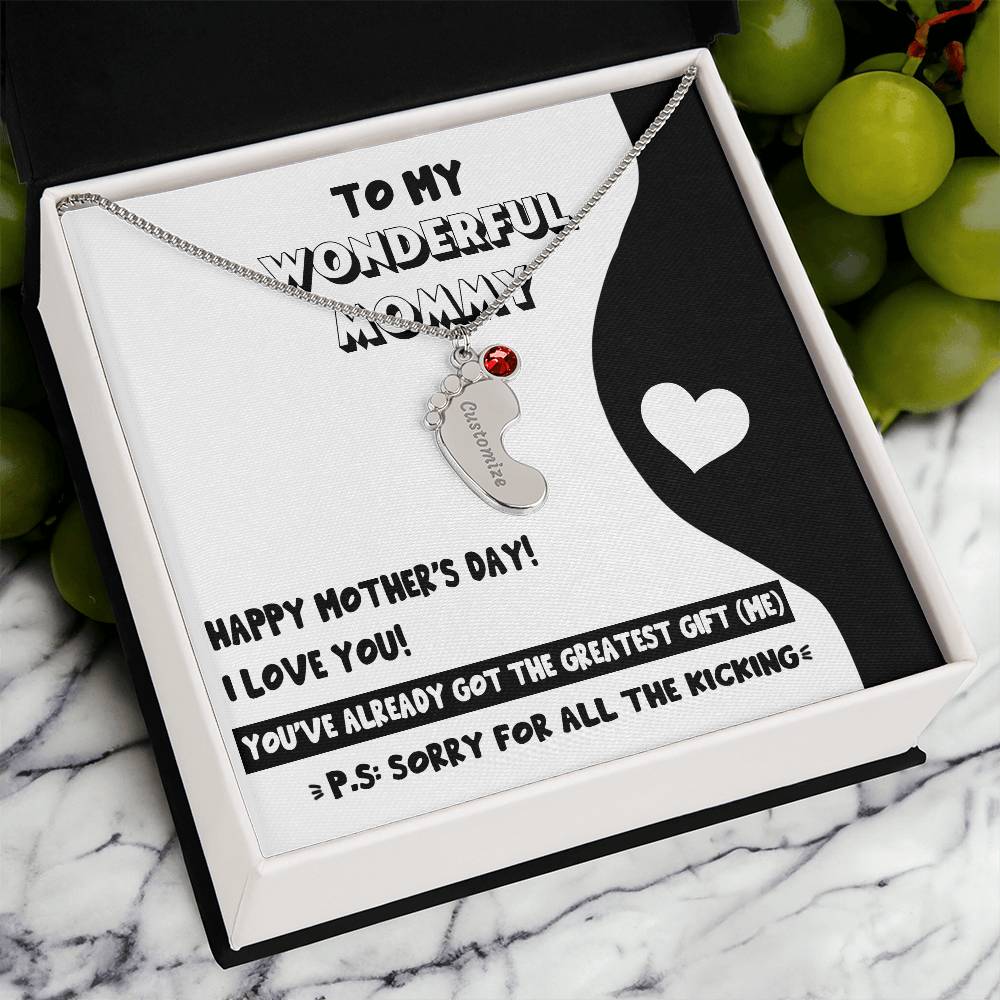 Mother's Day Gift for New Mom - Sorry for All the Kicking Baby Feet Engraved Name Charm Necklace with Birthstone