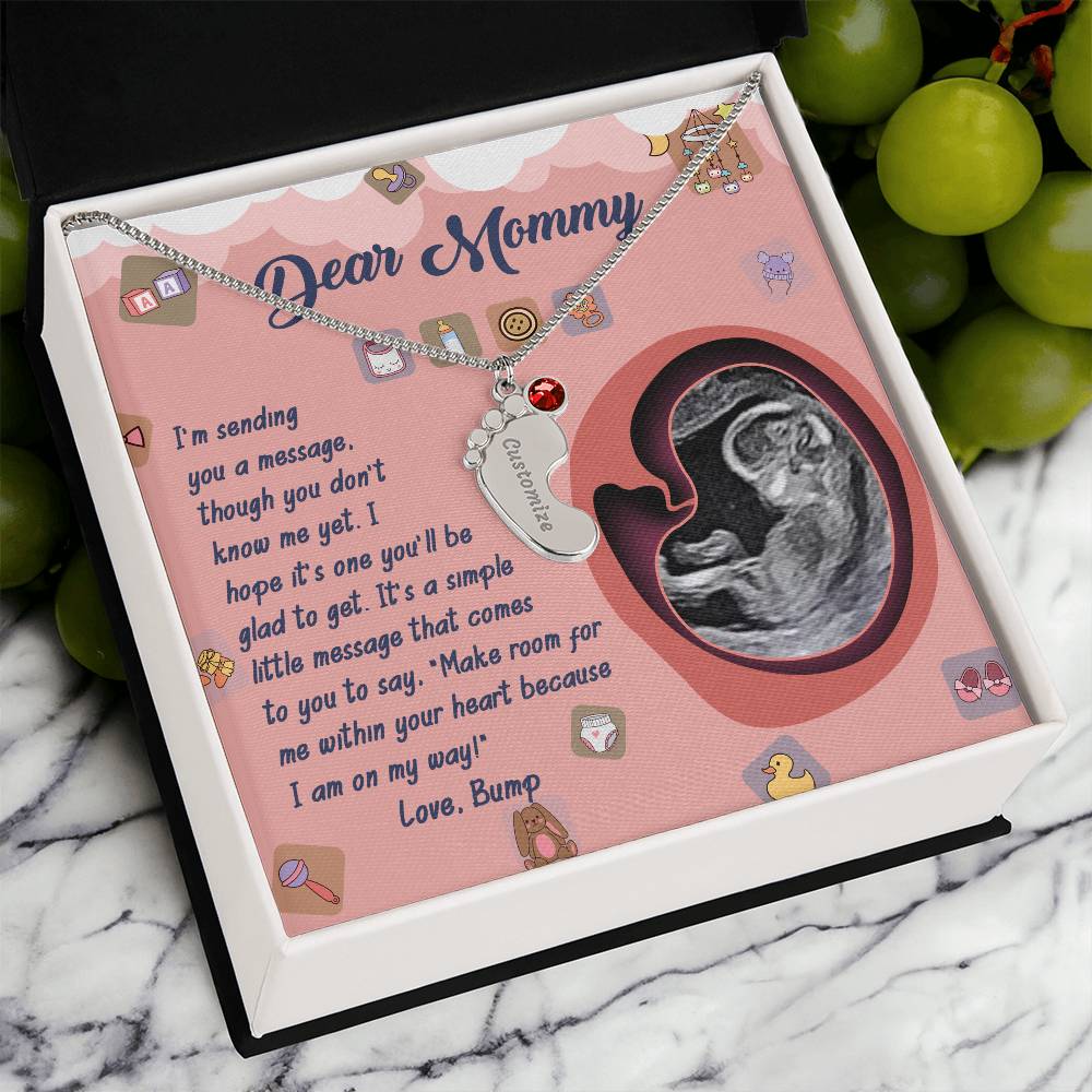 Dear Mommy I Am On My Way Baby Feet Engraved Name Charm Pendant Necklace with Birthstone