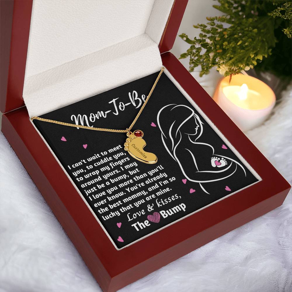 Mom-To-Be Love and Kisses From the Bump Engraved Name Baby Feet Pendant Necklace with Birthstone