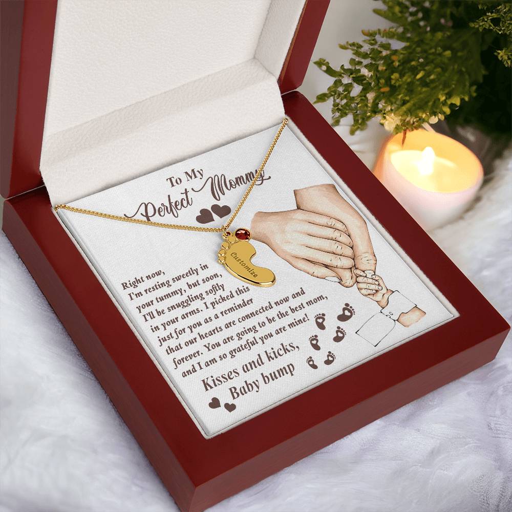 Gift for New Mom Kisses and Kicks from Baby Bump Engraved Name Baby Feet Pendant Necklace with Birthstone