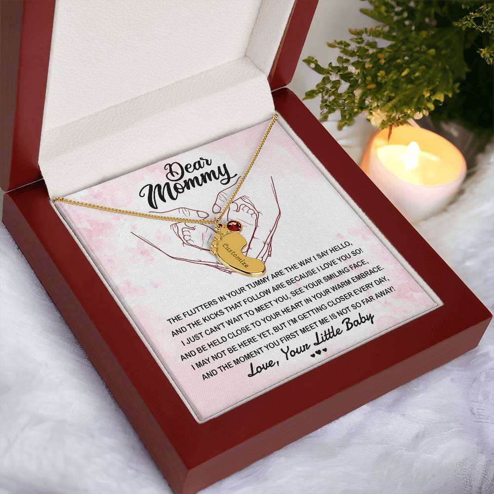 Dear Mommy I Can't Wait to Meet You Pregnancy Gift Engraved Name Baby Feet Pendant Necklace with Birthstone