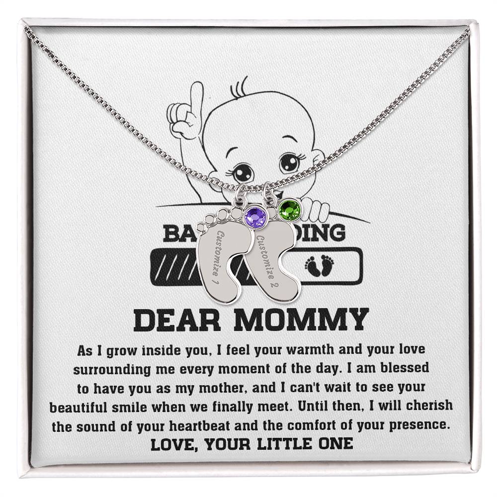 Dear Mommy Your Little One Can't Wait to See your Smile Engraved Name Baby Feet Pendant Necklace with Birthstone