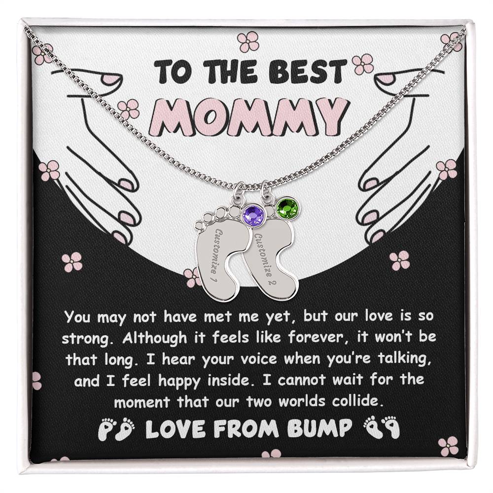 Best Mommy Pregnancy Gift Love from the Bump Engraved Name Baby Feet Pendant Necklace with Birthstone