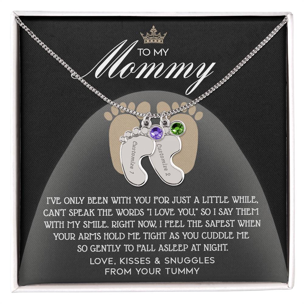 Gift for New Mom Engraved Name Baby Feet Pendant Necklace with Birthstone - I Love You with My Smile