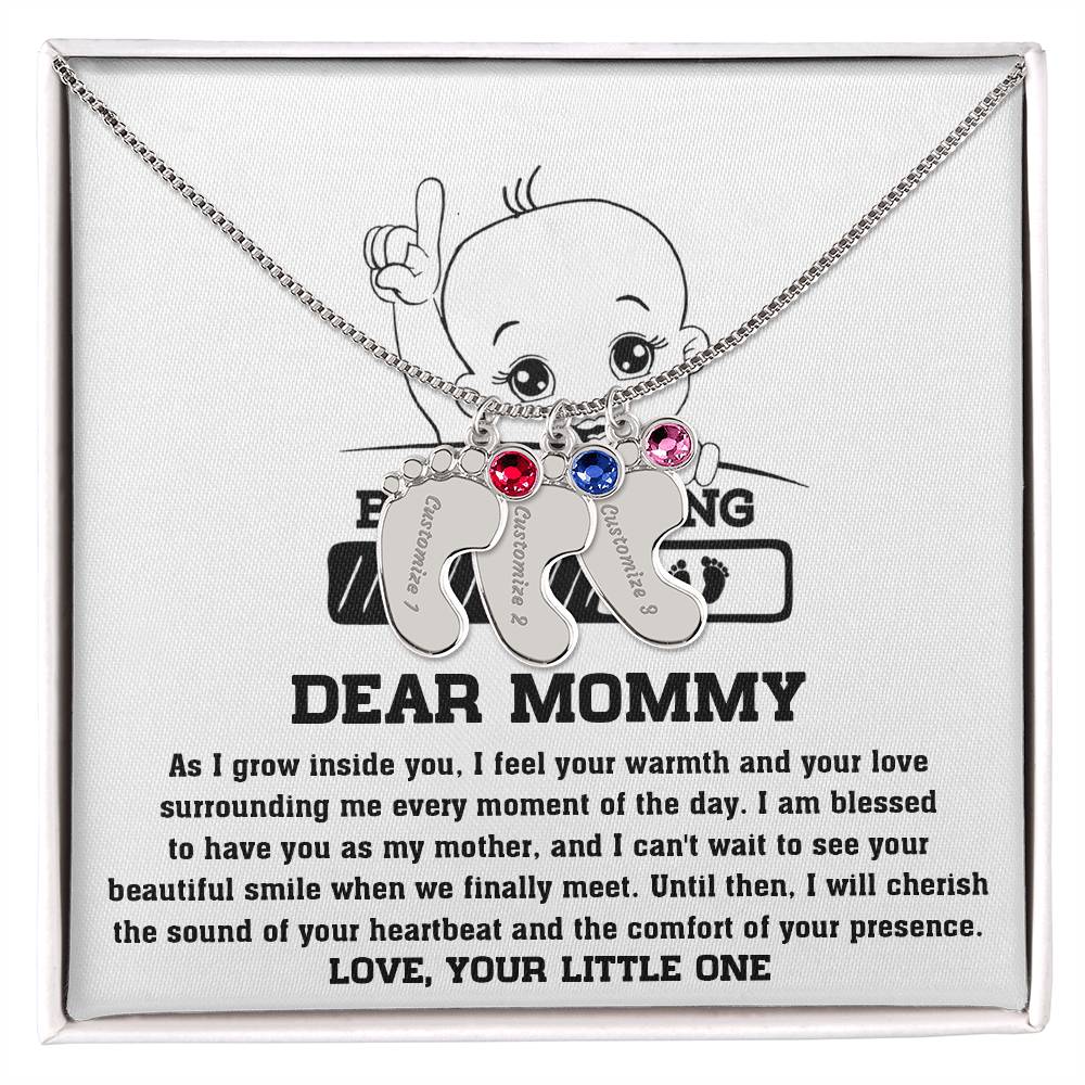 Dear Mommy Your Little One Can't Wait to See your Smile Engraved Name Baby Feet Pendant Necklace with Birthstone