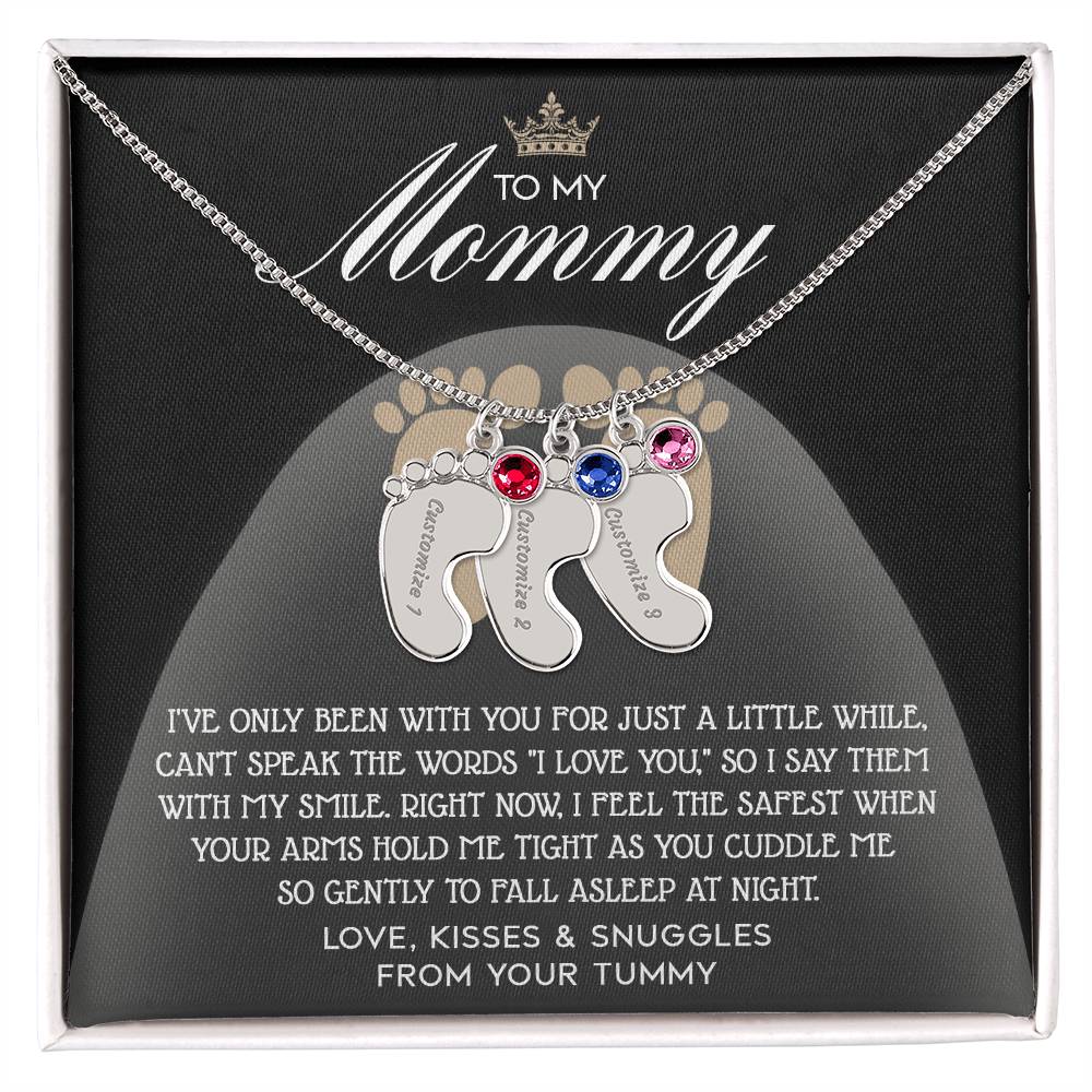 Gift for New Mom Engraved Name Baby Feet Pendant Necklace with Birthstone - I Love You with My Smile