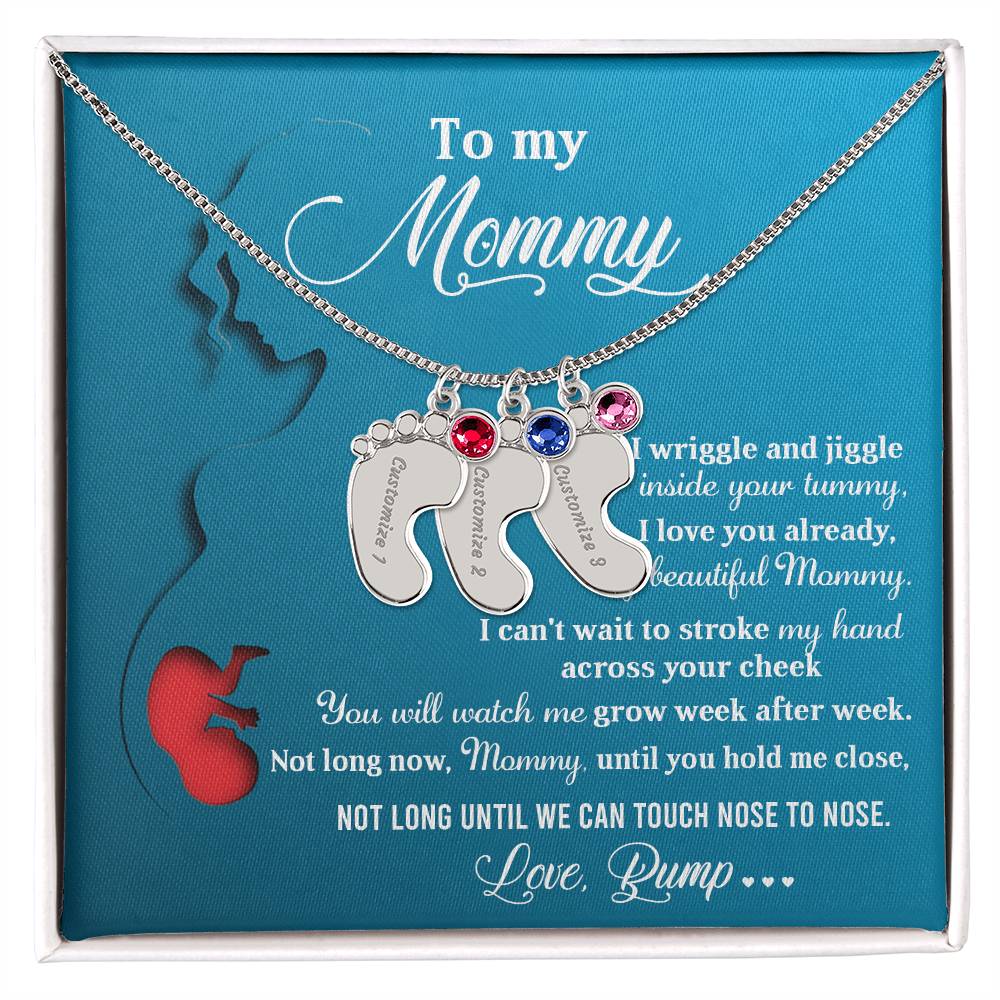 New Mom Gift Not Long Now Until You Can Hold Me Close Baby Feet Engraved Name Charm Necklace with Birthstone