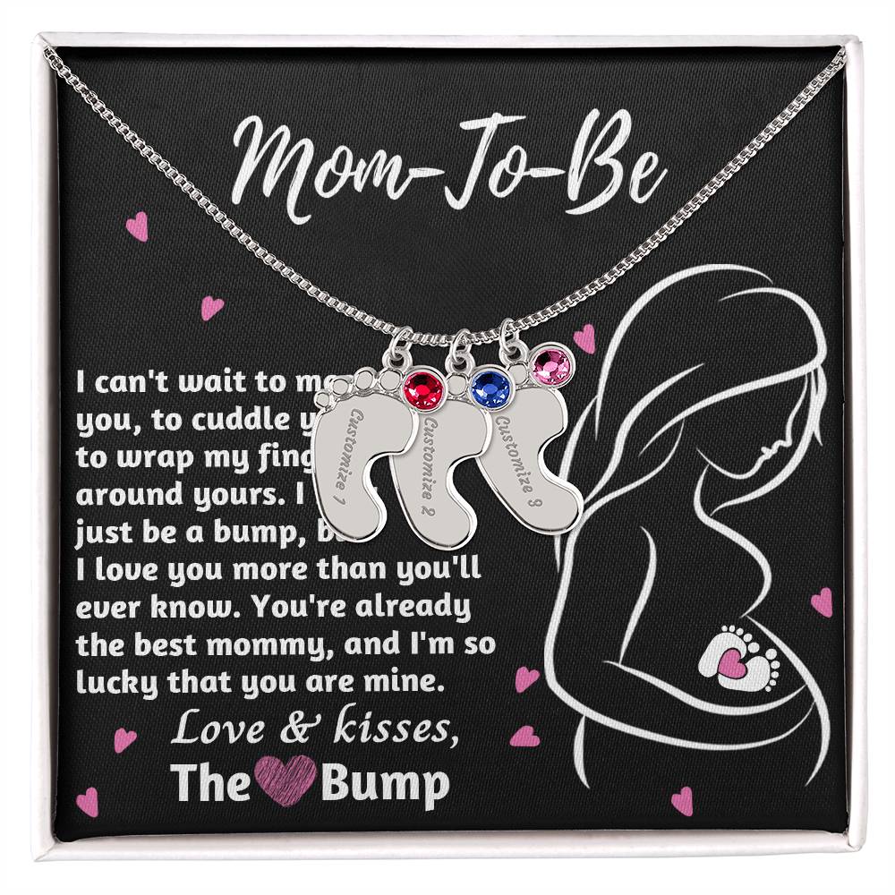 Mom-To-Be Love and Kisses From the Bump Engraved Name Baby Feet Pendant Necklace with Birthstone