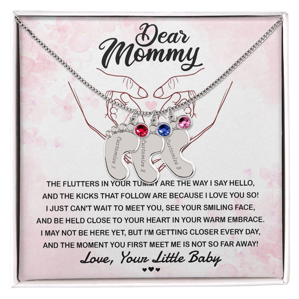 Dear Mommy I Can't Wait to Meet You Pregnancy Gift Engraved Name Baby Feet Pendant Necklace with Birthstone