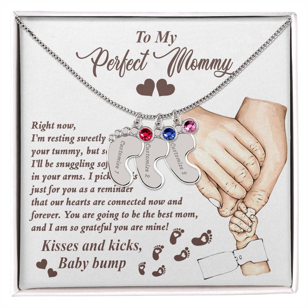 Gift for New Mom Kisses and Kicks from Baby Bump Engraved Name Baby Feet Pendant Necklace with Birthstone