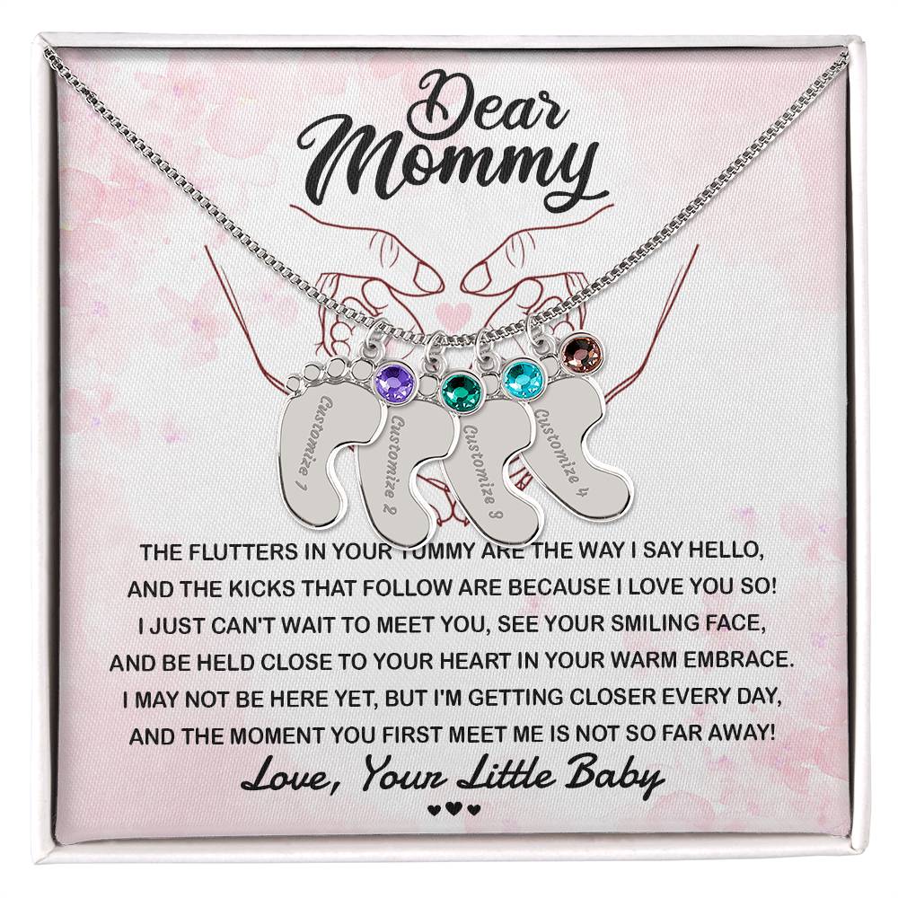 Dear Mommy I Can't Wait to Meet You Pregnancy Gift Engraved Name Baby Feet Pendant Necklace with Birthstone