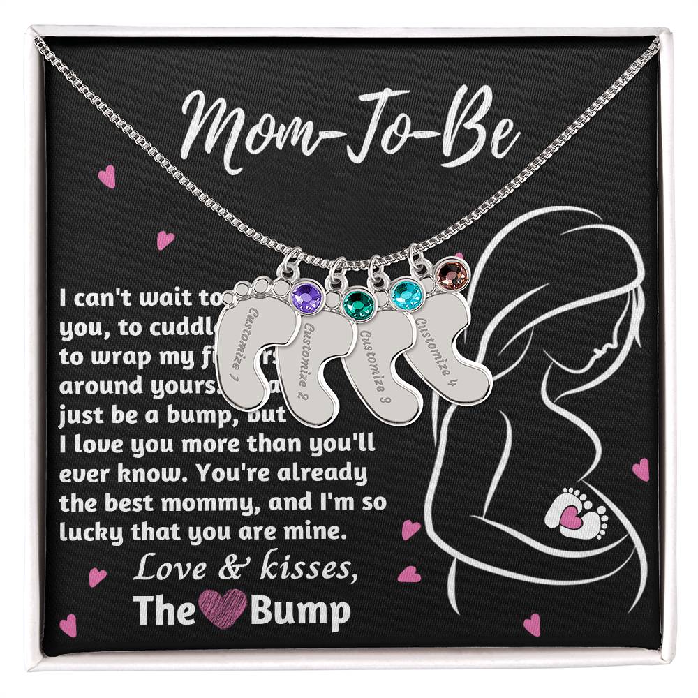 Mom-To-Be Love and Kisses From the Bump Engraved Name Baby Feet Pendant Necklace with Birthstone