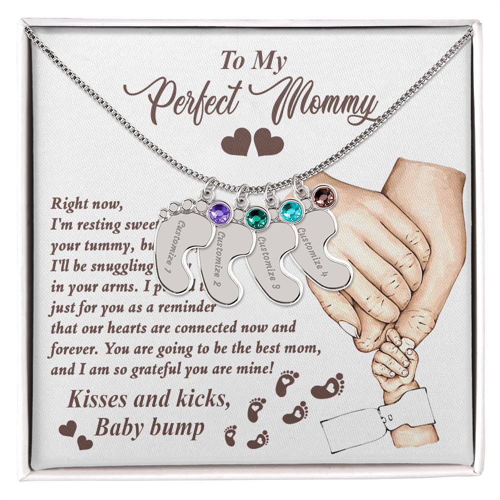 Gift for New Mom Kisses and Kicks from Baby Bump Engraved Name Baby Feet Pendant Necklace with Birthstone