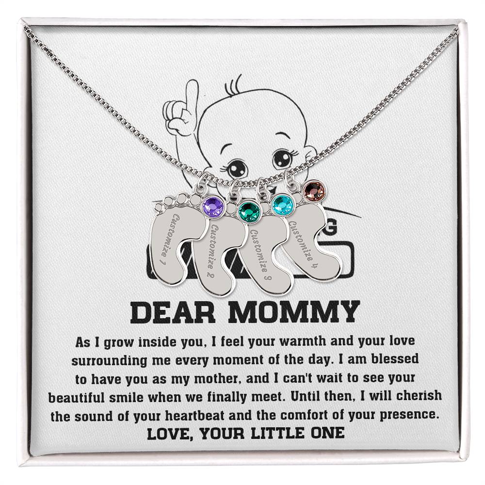 Dear Mommy Your Little One Can't Wait to See your Smile Engraved Name Baby Feet Pendant Necklace with Birthstone