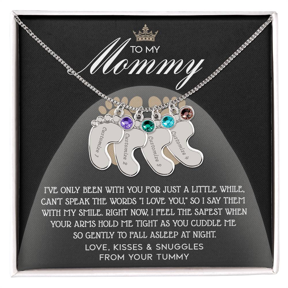 Gift for New Mom Engraved Name Baby Feet Pendant Necklace with Birthstone - I Love You with My Smile