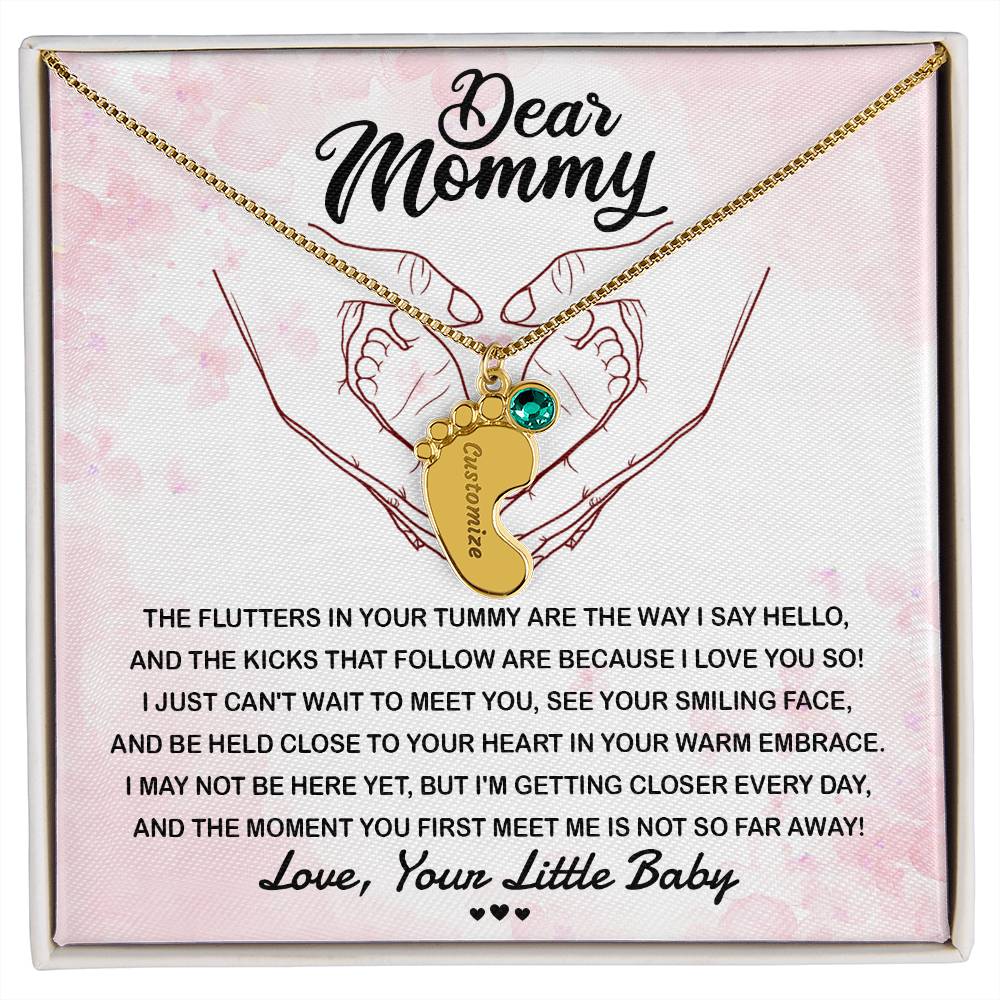 Dear Mommy I Can't Wait to Meet You Pregnancy Gift Engraved Name Baby Feet Pendant Necklace with Birthstone