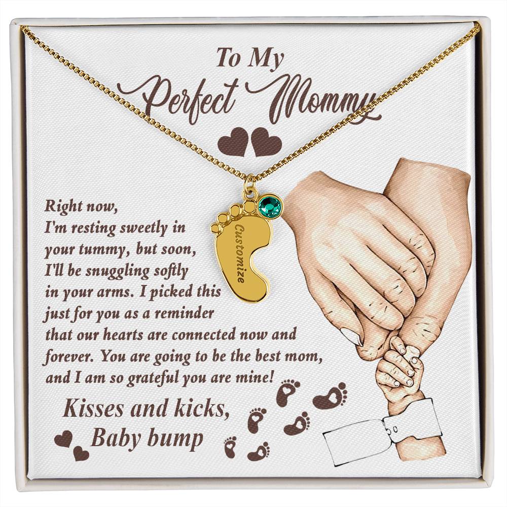 Gift for New Mom Kisses and Kicks from Baby Bump Engraved Name Baby Feet Pendant Necklace with Birthstone