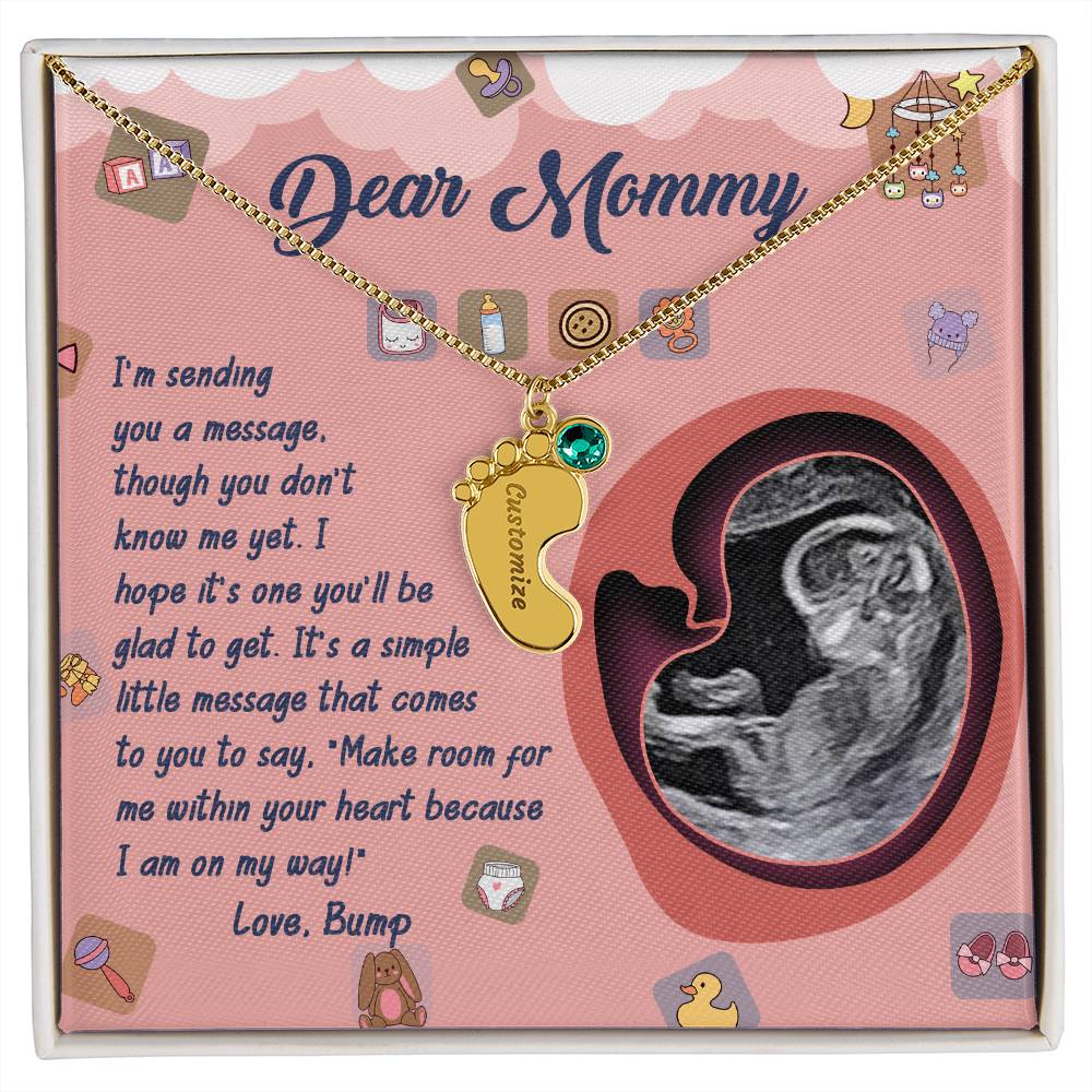 Dear Mommy I Am On My Way Baby Feet Engraved Name Charm Pendant Necklace with Birthstone