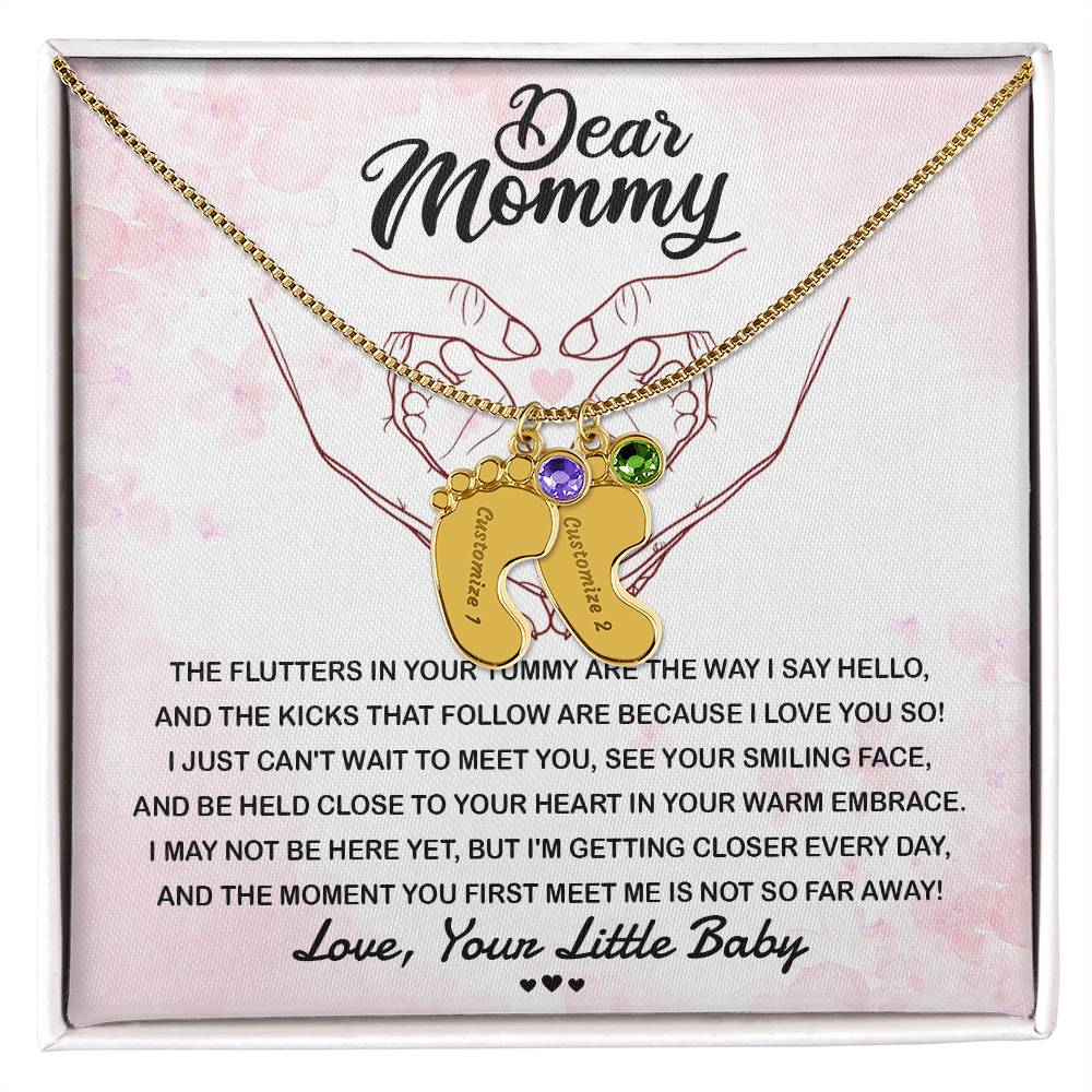 Dear Mommy I Can't Wait to Meet You Pregnancy Gift Engraved Name Baby Feet Pendant Necklace with Birthstone