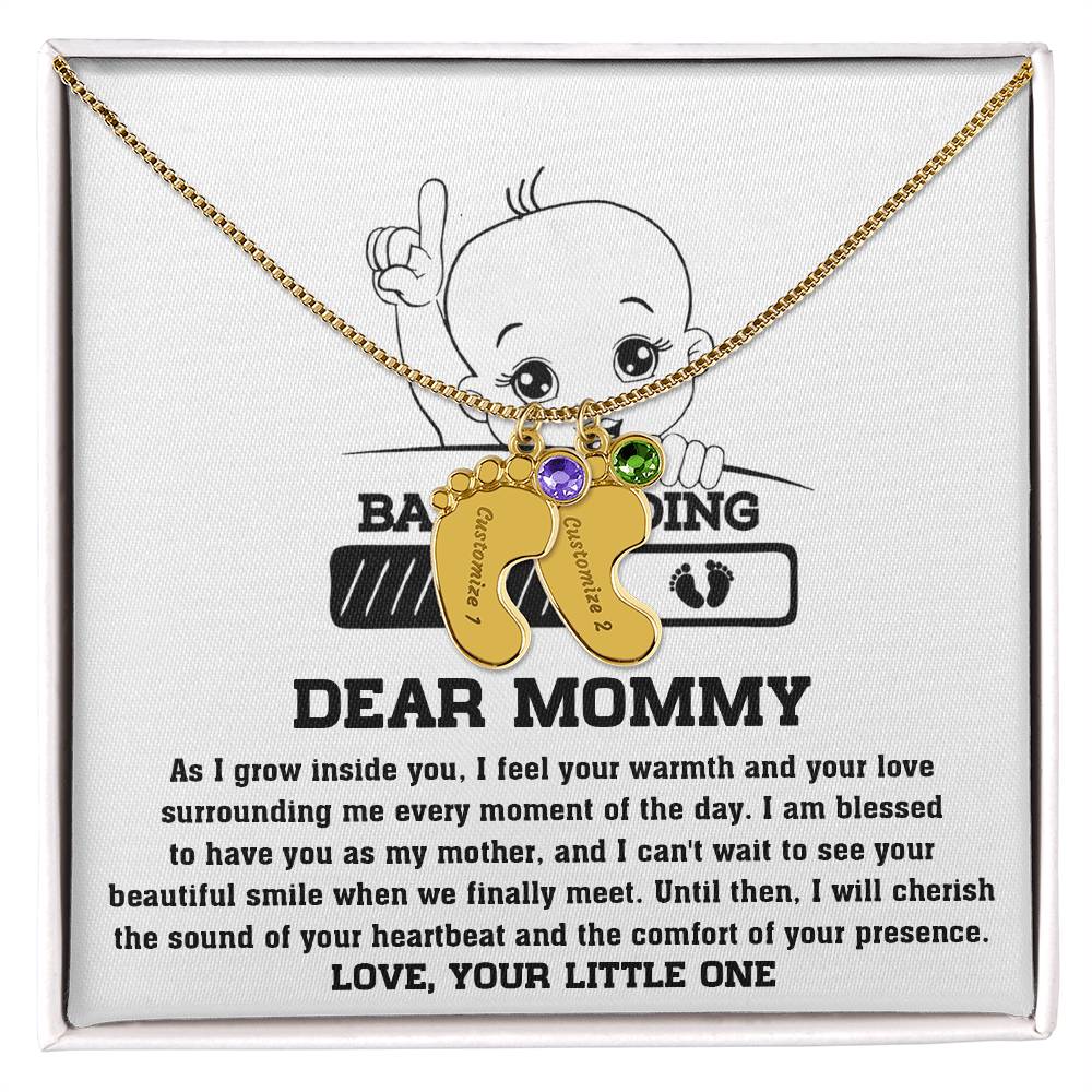 Dear Mommy Your Little One Can't Wait to See your Smile Engraved Name Baby Feet Pendant Necklace with Birthstone