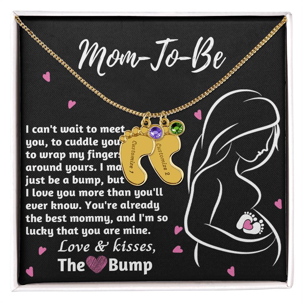 Mom-To-Be Love and Kisses From the Bump Engraved Name Baby Feet Pendant Necklace with Birthstone