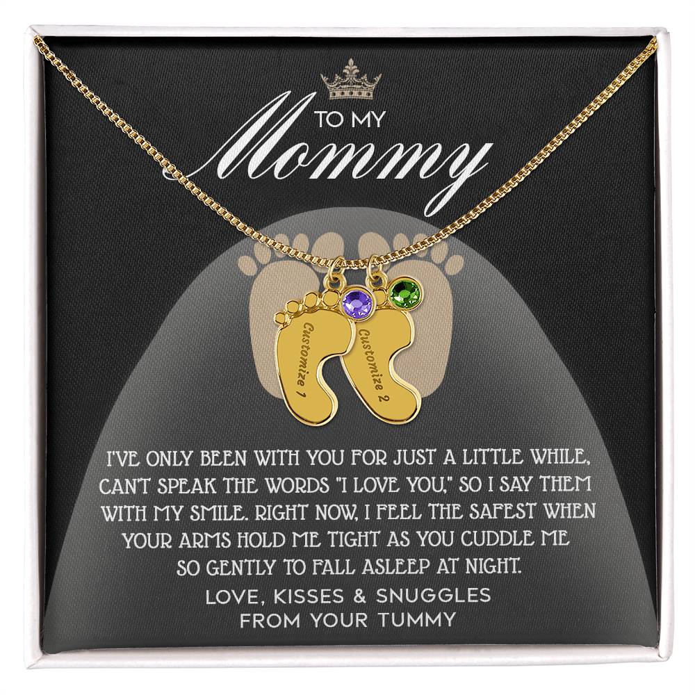 Gift for New Mom Engraved Name Baby Feet Pendant Necklace with Birthstone - I Love You with My Smile