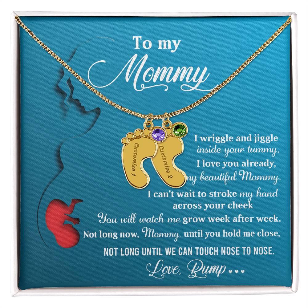 New Mom Gift Not Long Now Until You Can Hold Me Close Baby Feet Engraved Name Charm Necklace with Birthstone