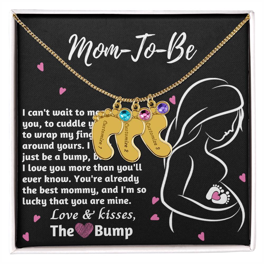 Mom-To-Be Love and Kisses From the Bump Engraved Name Baby Feet Pendant Necklace with Birthstone