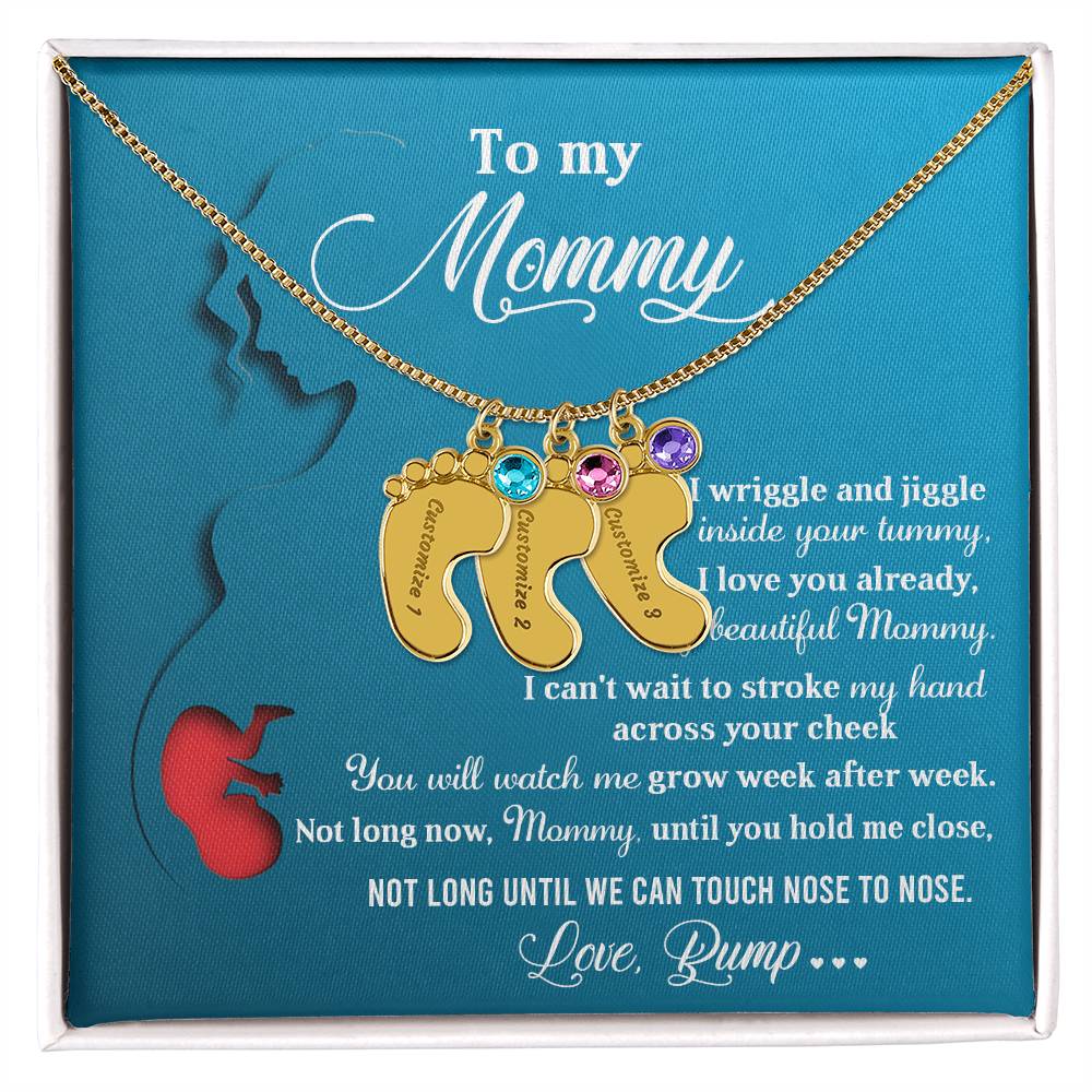 New Mom Gift Not Long Now Until You Can Hold Me Close Baby Feet Engraved Name Charm Necklace with Birthstone